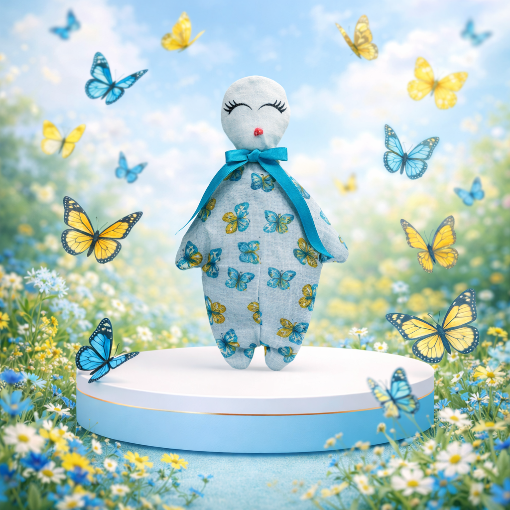 La poupéemoi est sur un socle de présentation avec différentes acouleurs qui rappellent l'univers petit animaux de la foret bleue la poupéemoi sert a reparer l'enfant blessé qui vit encore en chacun de nous