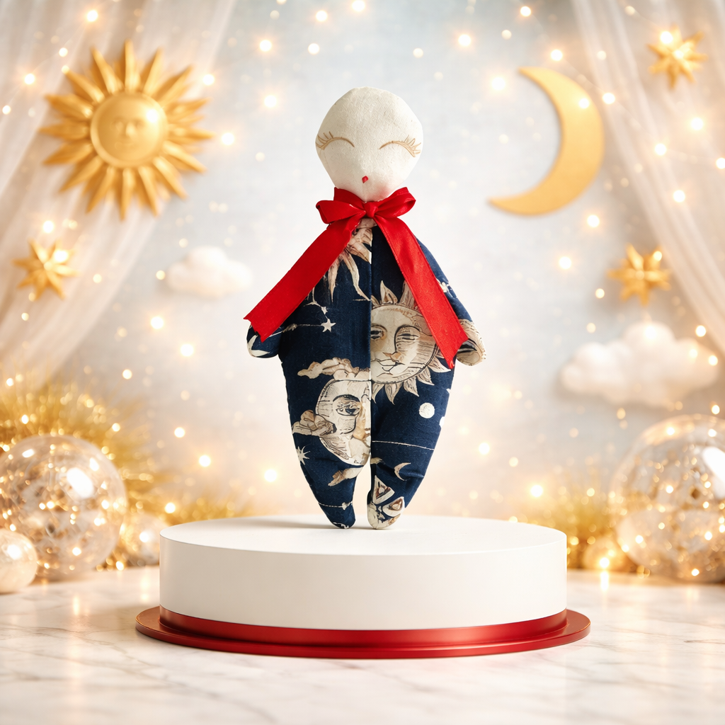 La poupéemoi est sur un socle de présentation avec différentes acouleurs qui rappellent l'univers ésotérique a poupéemoi sert a reparer l'enfant blessé qui vit encore en chacun de nous