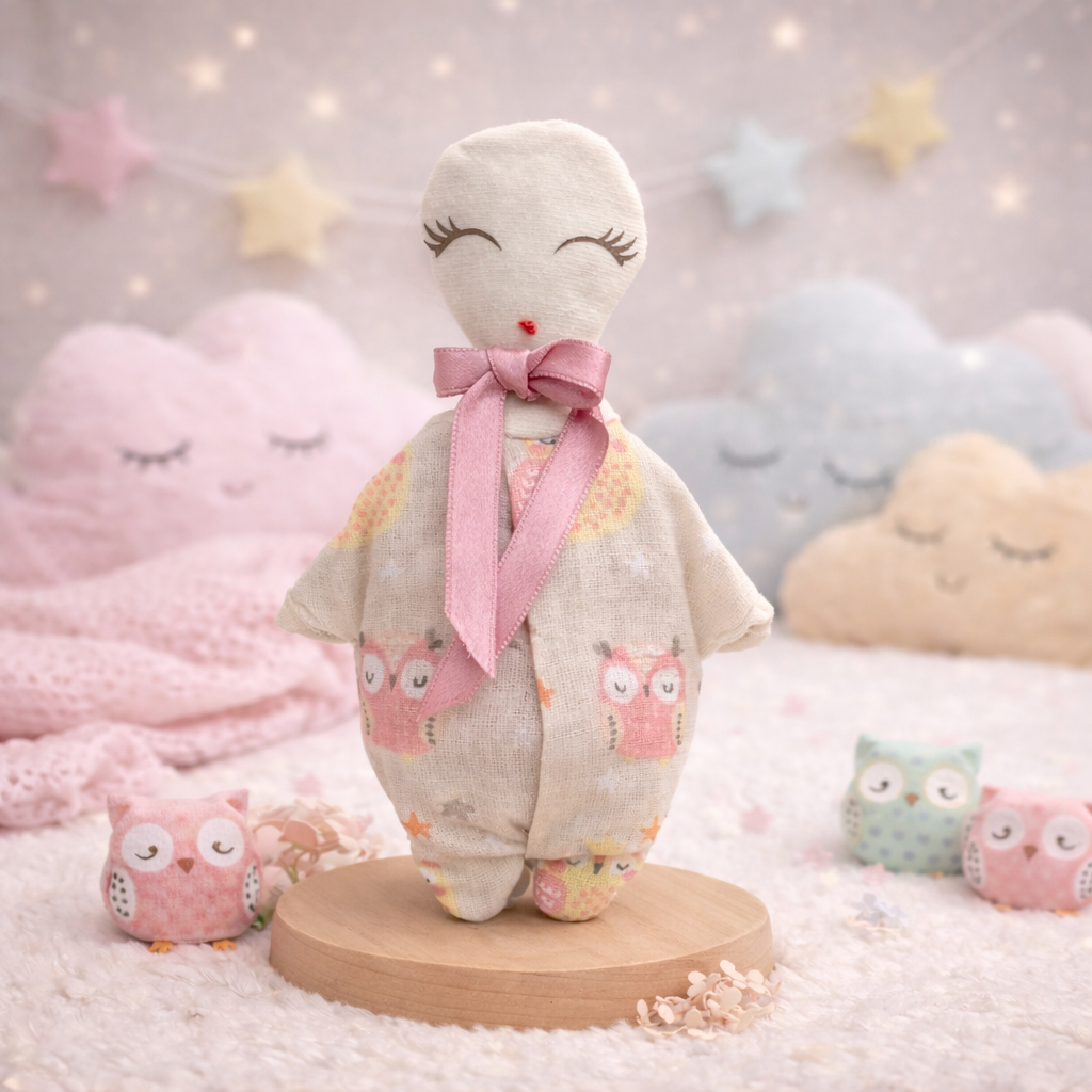 La poupéemoi est sur un socle de présentation avec différentes acouleurs qui rappellent l'univers doudou la poupéemoi sert a reparer l'enfant blessé qui vit encore en chacun de nous