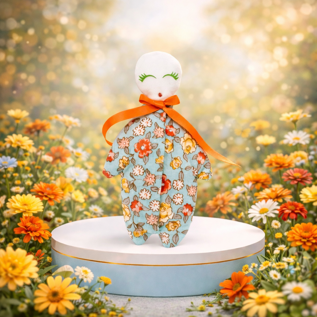 La poupéemoi est sur un socle de présentation avec différentes acouleurs qui rappellent l'univers petites fleurs la poupéemoi sert a reparer l'enfant blessé qui vit encore en chacun de nous